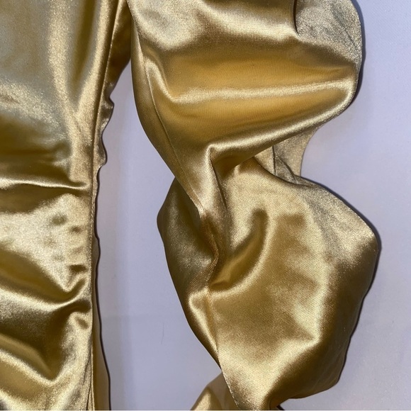 NWOT Shane Justin Runway Gold Ruched Longsleeve Stretchy Bodycon Midi Dress S - Picture 5 of 9